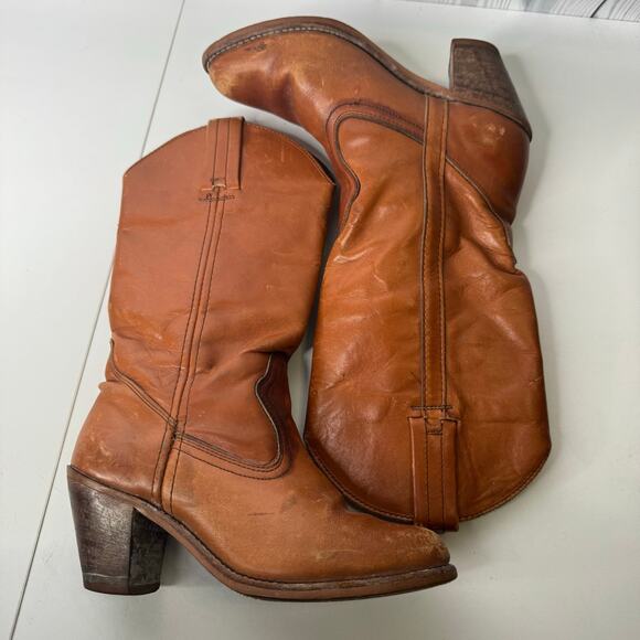 VTG 70s Dexter Brown Leather Stacked Heel Western Boots Size 6 USA Distressed - Picture 5 of 10